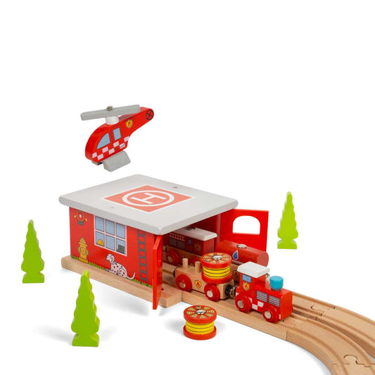 Bigjigs Rail Fire Station Shed Wooden Train Accessory