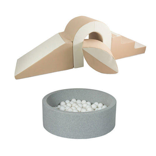 Soft Play Kingdom Bridge & Ball Climbing Set & Ball Pit Bundle Beige White Grey