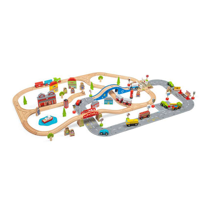 Bigjigs Rail City Road and Railway Wooden Train Set