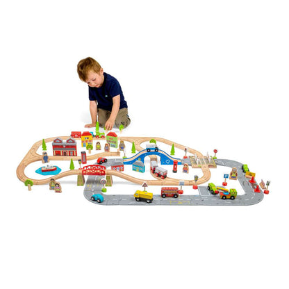 Bigjigs Rail City Road and Railway Wooden Train Set