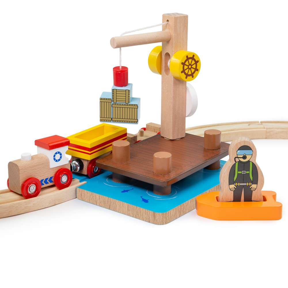 Bigjigs Rail Crane Dock Dinghy and Diver Wooden Train Accessory