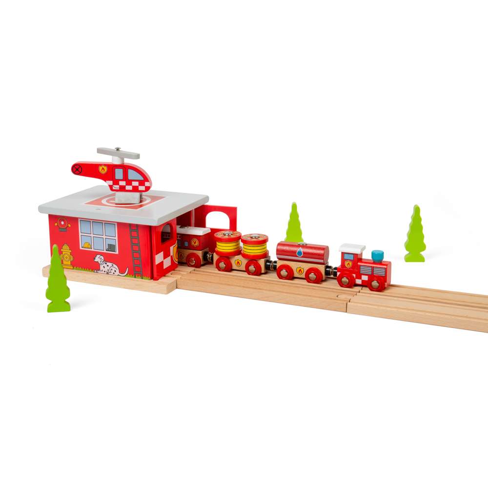 Bigjigs Rail Fire Station Shed Wooden Train Accessory