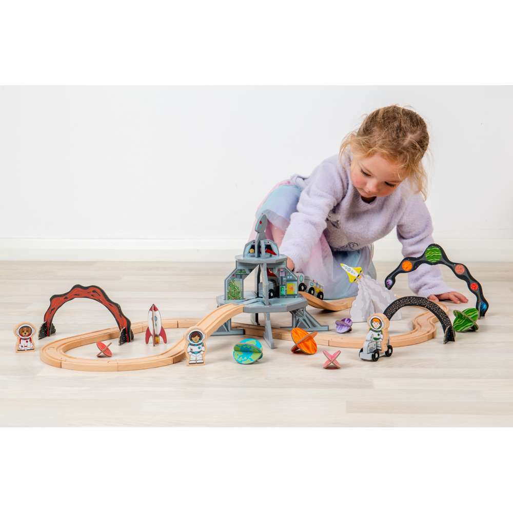 Bigjigs Rail Space Kids Wooden Toy Railway 40 Piece Set
