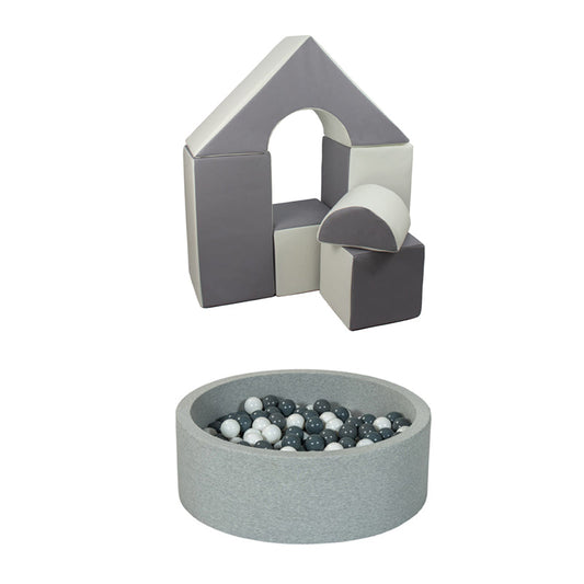 Soft Play Kingdom Castle 6-Piece Building Block Set & Ball Pit Bundle Grey